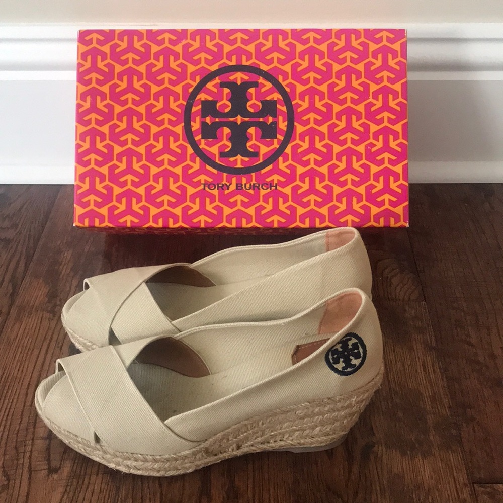 Tory Burch canvas espadrille wedge.